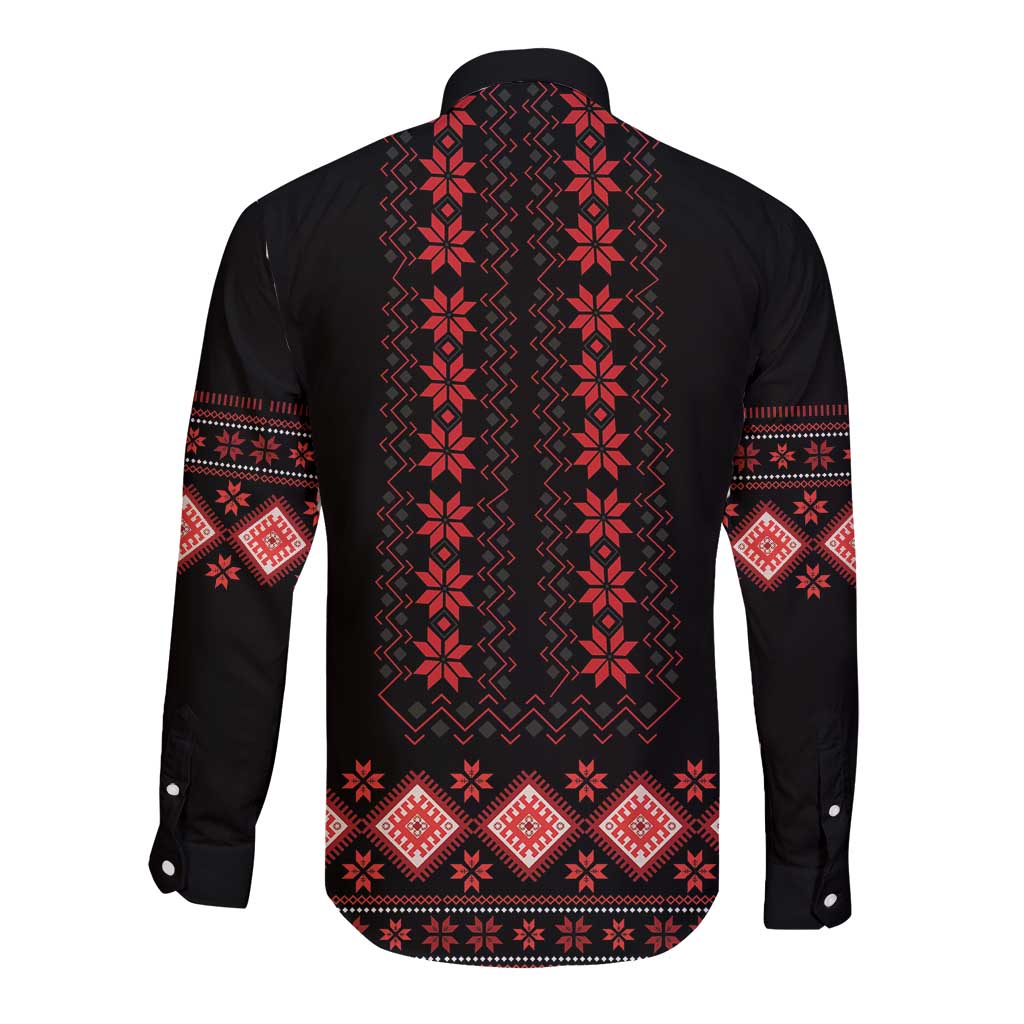 Long-sleeve button shirt, black with red geometric folk embroidery (back)