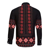 Long-sleeve button shirt, black with red geometric folk embroidery (back)