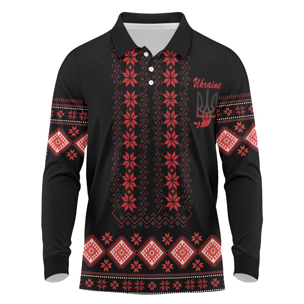 Red Ukraine Folk Patterns Long Sleeve Polo Shirt - Wonder Print Shop