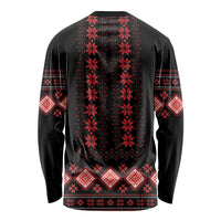 Black long-sleeve crewneck shirt with red folk geometric pattern on back