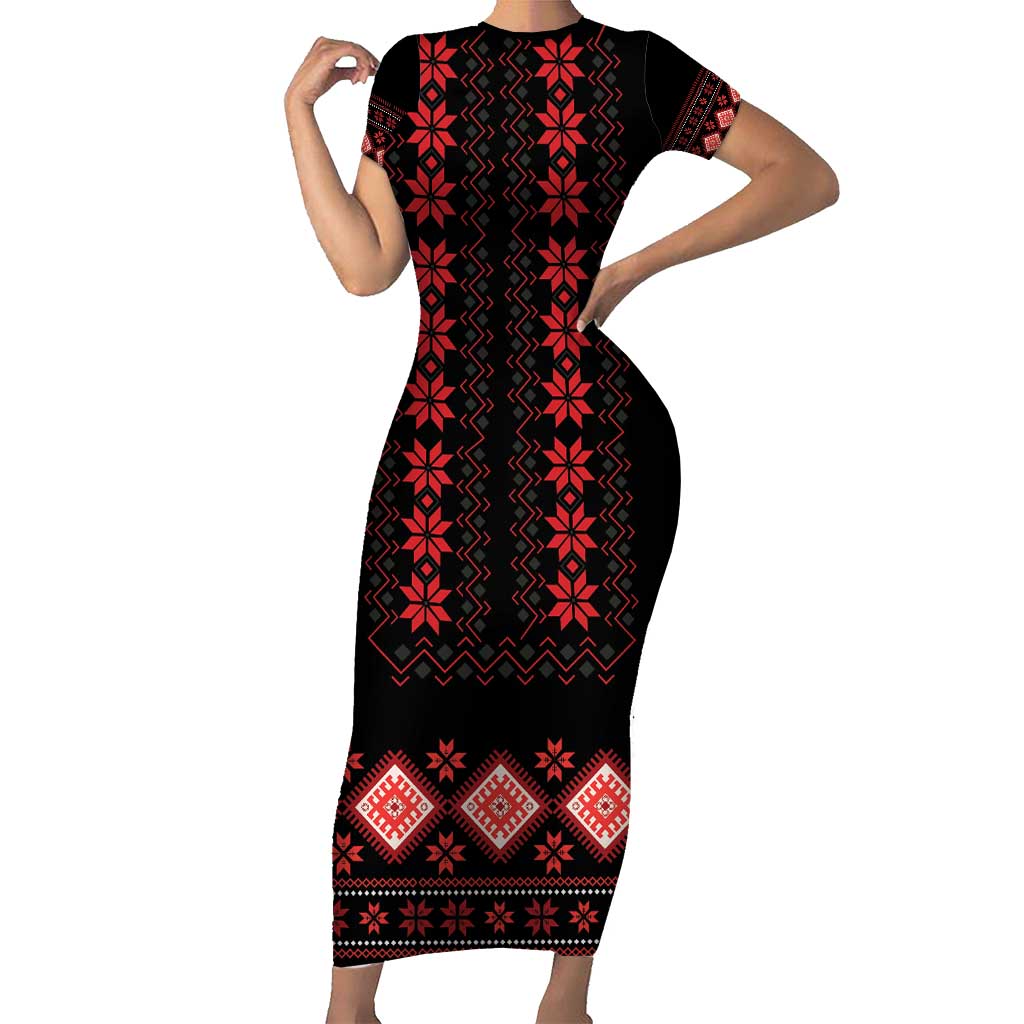 Red Ukraine Folk Patterns Short Sleeve Bodycon Dress - Wonder Print Shop