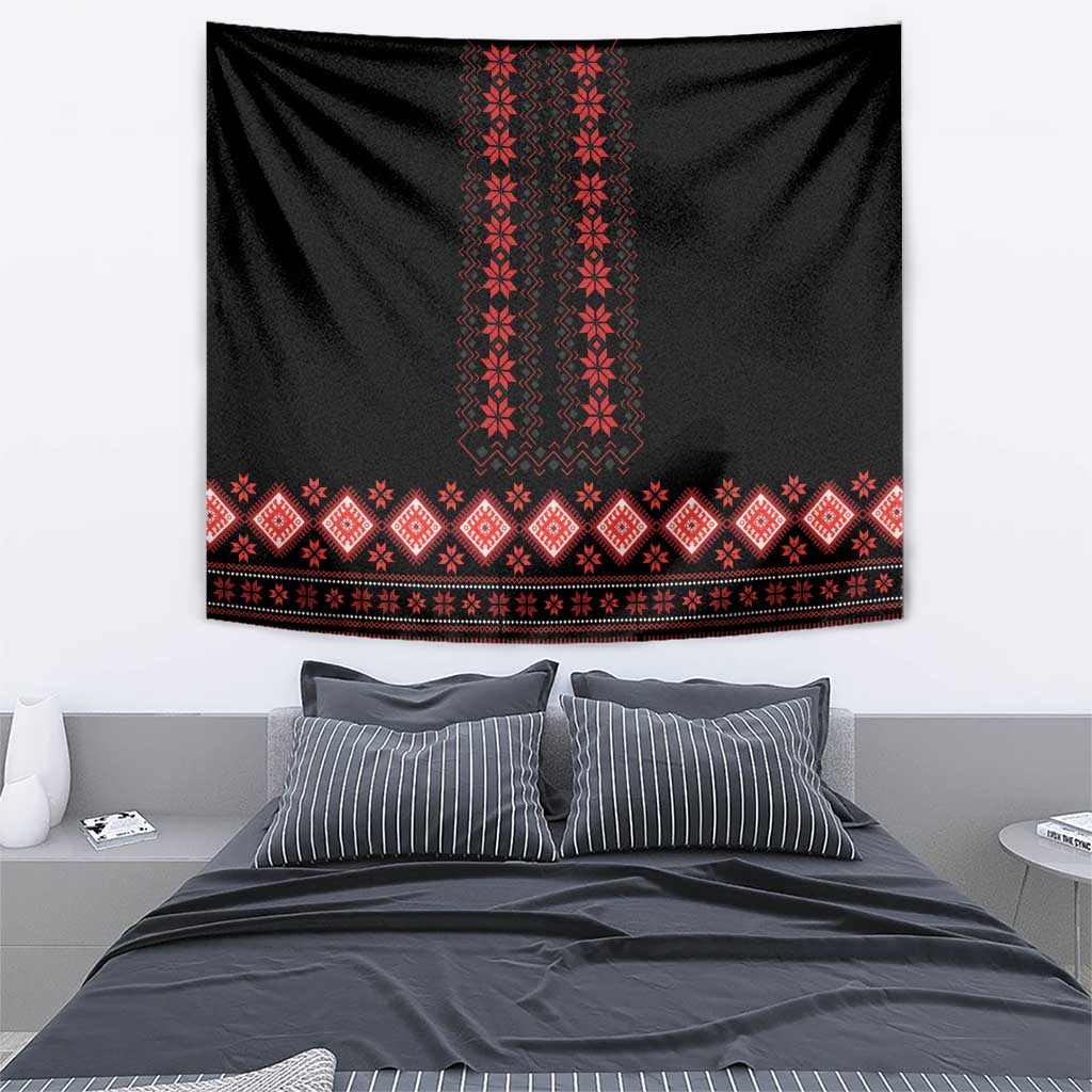 Black tapestry wall hanging with red vertical motif and wide patterned bottom border