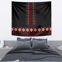 Black tapestry wall hanging with red vertical motif and wide patterned bottom border