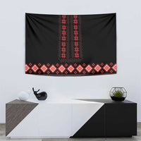 Black tapestry wall hanging with red vertical ornament and horizontal geometric trim