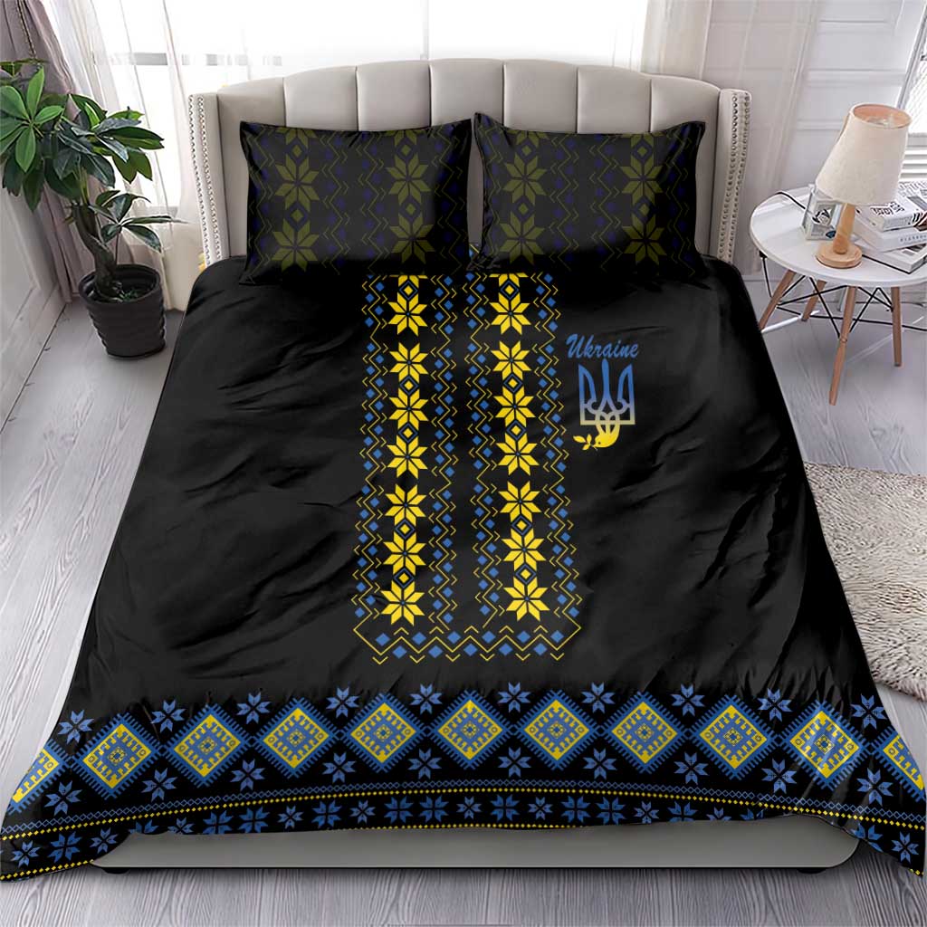 Black bedding set with yellow and blue geometric folk pattern vertical panel and patterned hem