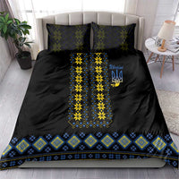 Black bedding set with yellow and blue geometric folk pattern vertical panel and patterned hem