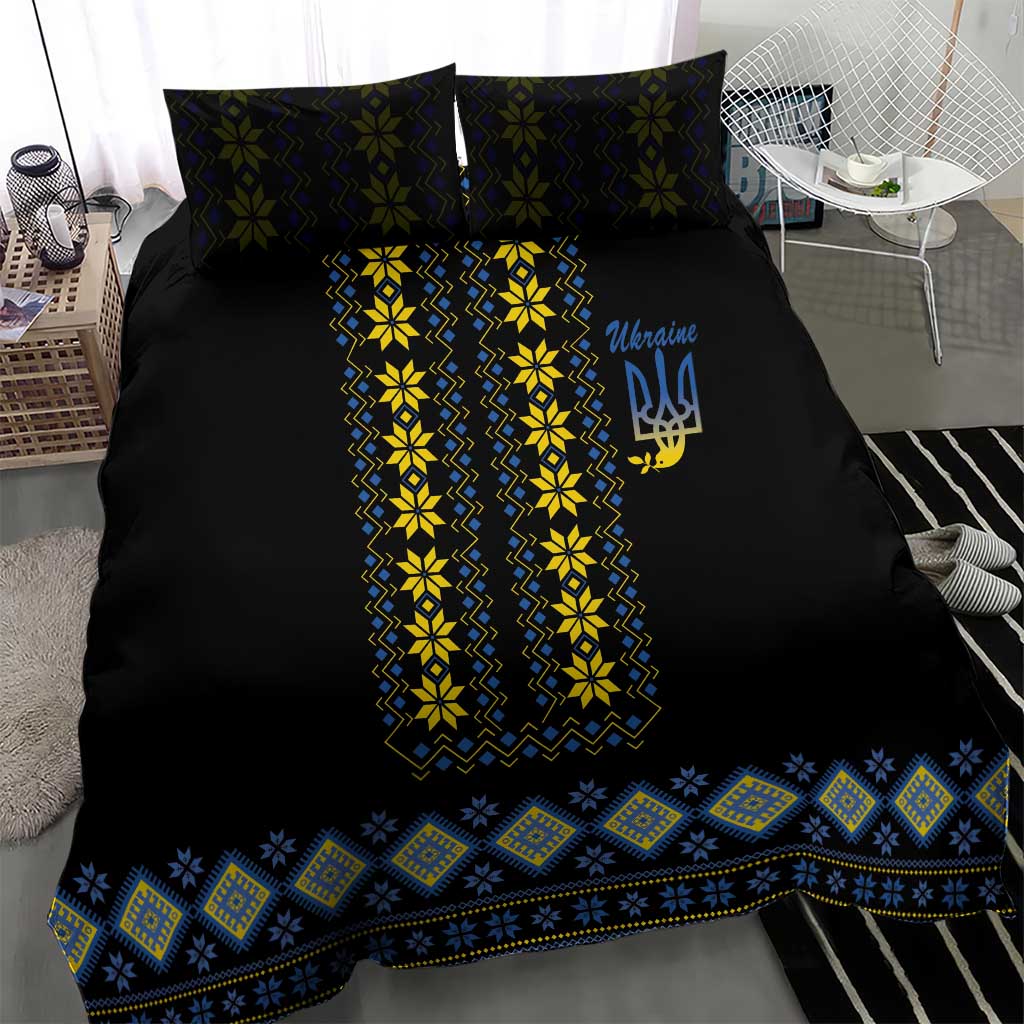 Black duvet cover with yellow and blue folk embroidery column and decorative border band