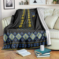 Ukraine folk pattern blanket, black with blue and yellow geometric design and trident print