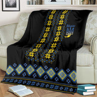 Ukraine folk pattern blanket, black fabric with blue and yellow border and vertical emblem