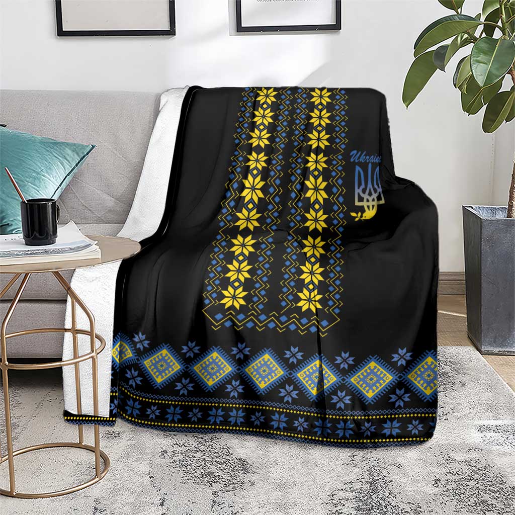 Black Ukraine folk throw blanket, blue and yellow diamond bands with trident text
