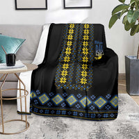 Black Ukraine folk throw blanket, blue and yellow diamond bands with trident text