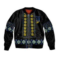 Black bomber jacket with yellow and blue folk stripe embroidery, front zipper