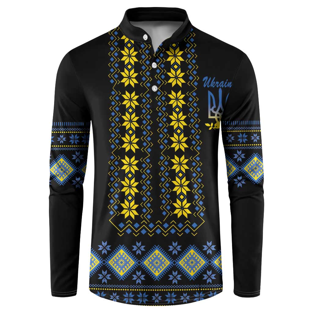 Men's black button henley sweatshirt with yellow and blue folk pattern yoke