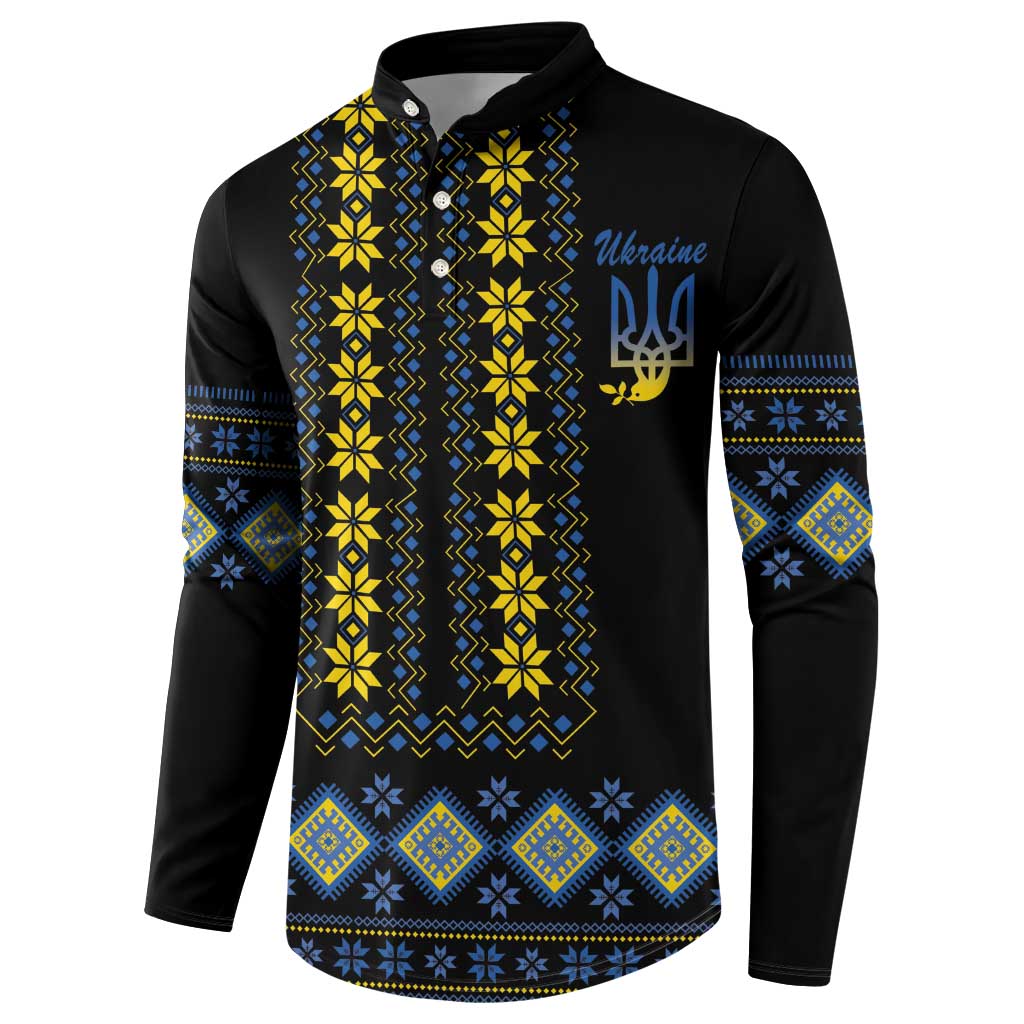 Men's black button henley sweatshirt with yellow-blue folk panel and 'Ukraine' trident print