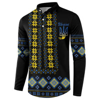 Men's black button henley sweatshirt with yellow-blue folk panel and 'Ukraine' trident print