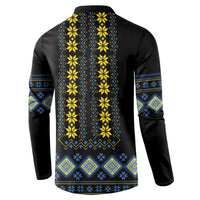 Men's black button henley sweatshirt with yellow and blue folk stripe design on back
