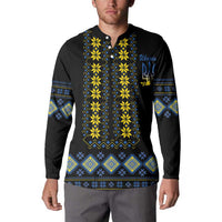 Men's black button henley sweatshirt with yellow-blue folk pattern and chest 'Ukraine' print