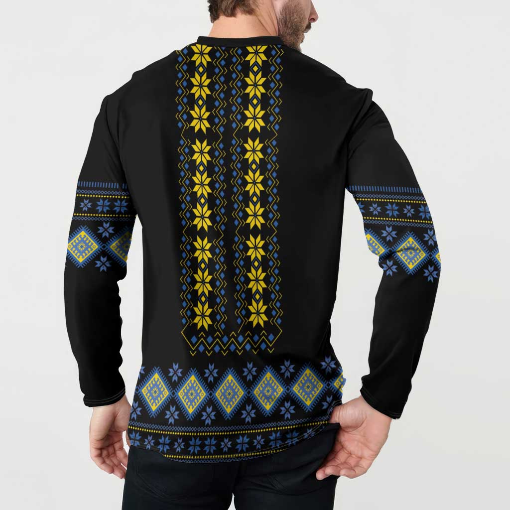 Men's black button henley sweatshirt with yellow-blue folk stripes and diamond hem