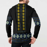 Men's black button henley sweatshirt with yellow-blue folk stripes and diamond hem