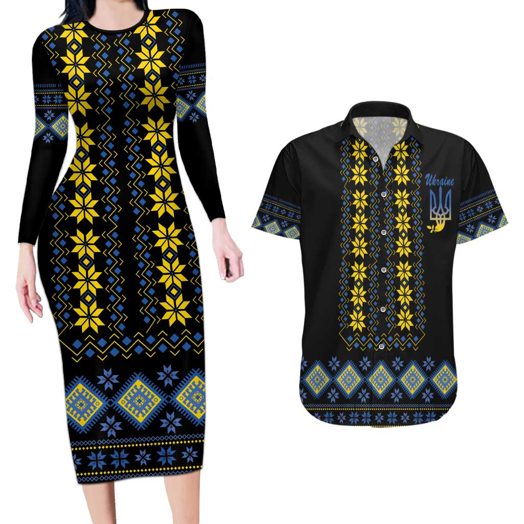 Yellow Ukraine Folk Patterns Couples Matching Long Sleeve Bodycon Dress and Hawaiian Shirt