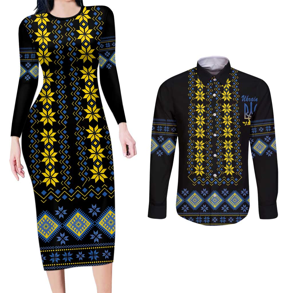 Yellow Ukraine Folk Patterns Couples Matching Long Sleeve Bodycon Dress and Long Sleeve Button Shirt