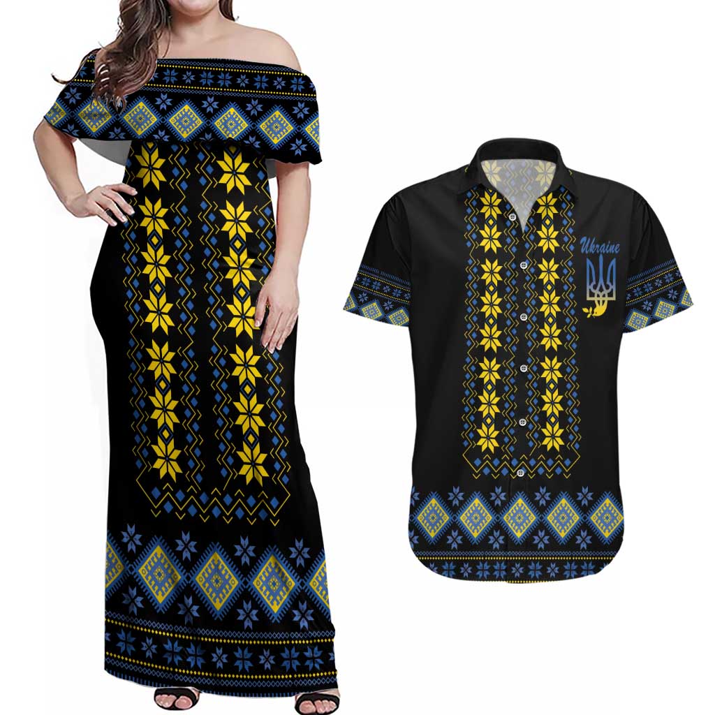 Yellow Ukraine Folk Patterns Couples Matching Off Shoulder Maxi Dress and Hawaiian Shirt