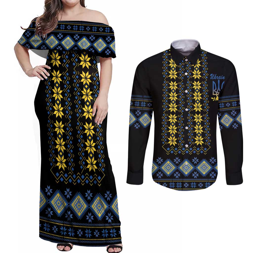 Yellow Ukraine Folk Patterns Couples Matching Off Shoulder Maxi Dress and Long Sleeve Button Shirt