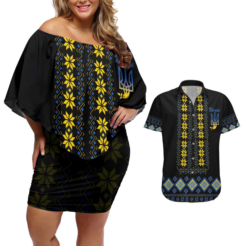 Yellow Ukraine Folk Patterns Couples Matching Off Shoulder Short Dress and Hawaiian Shirt