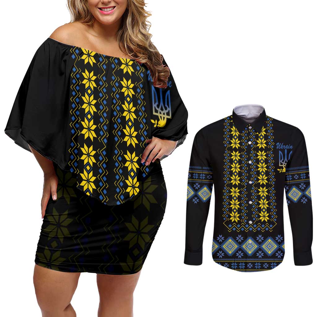 Yellow Ukraine Folk Patterns Couples Matching Off Shoulder Short Dress and Long Sleeve Button Shirt