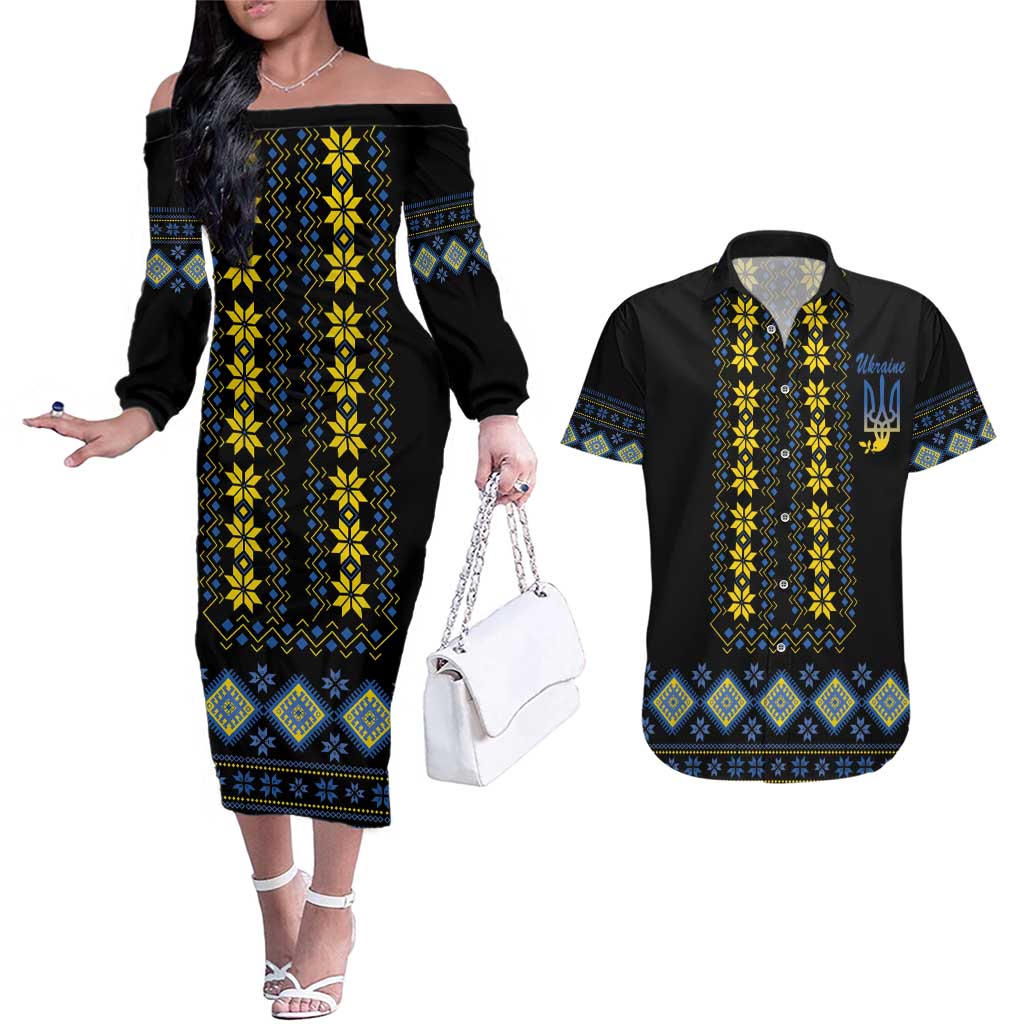 Yellow Ukraine Folk Patterns Couples Matching Off The Shoulder Long Sleeve Dress and Hawaiian Shirt