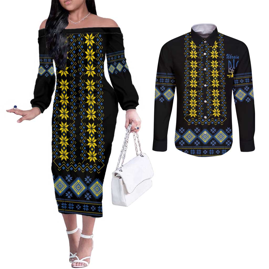 Yellow Ukraine Folk Patterns Couples Matching Off The Shoulder Long Sleeve Dress and Long Sleeve Button Shirt