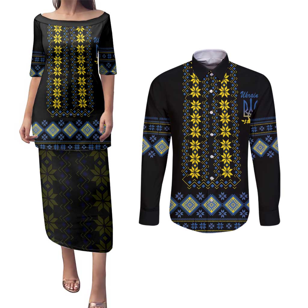 Yellow Ukraine Folk Patterns Couples Matching Puletasi and Long Sleeve Button Shirt