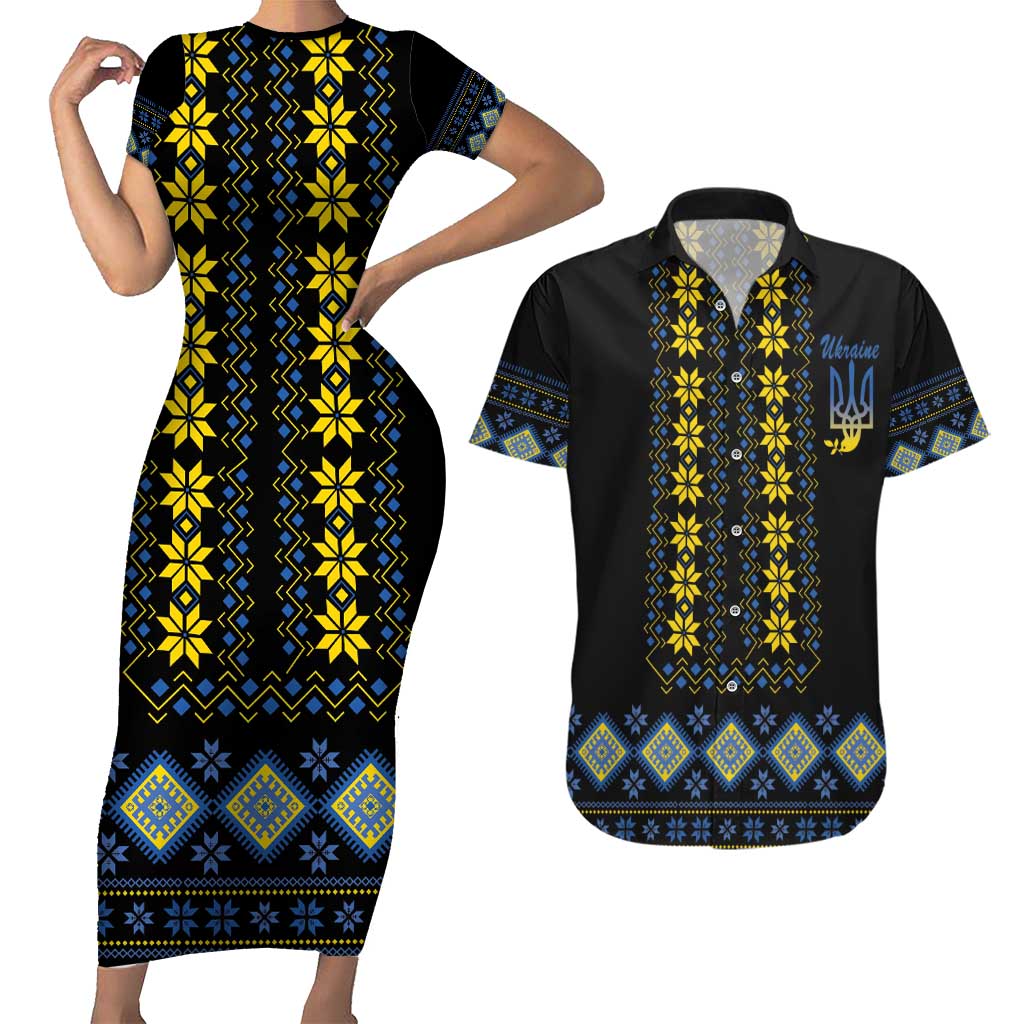 Yellow Ukraine Folk Patterns Couples Matching Short Sleeve Bodycon Dress and Hawaiian Shirt