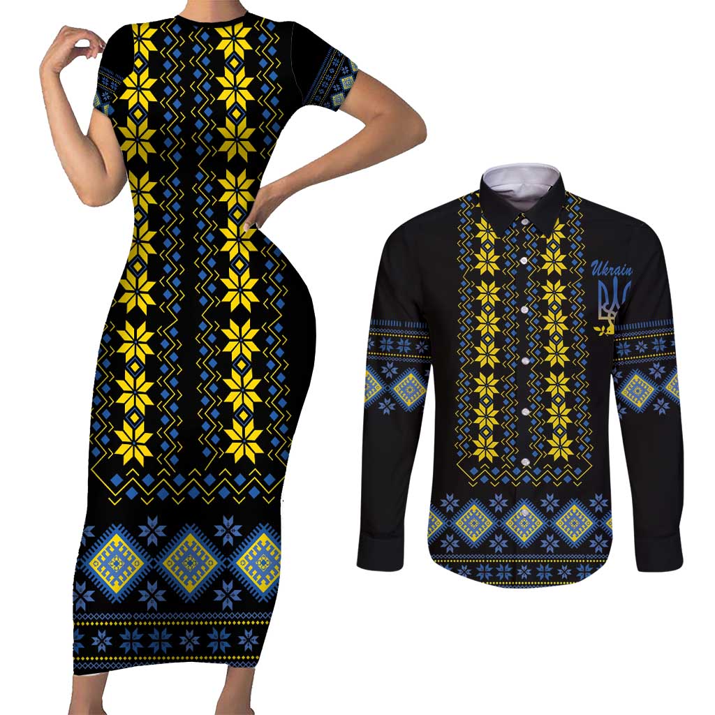 Yellow Ukraine Folk Patterns Couples Matching Short Sleeve Bodycon Dress and Long Sleeve Button Shirt