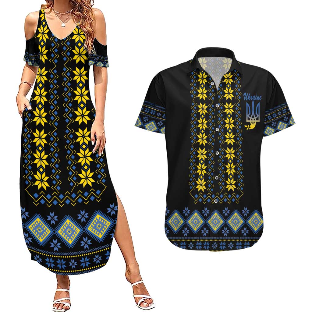 Yellow Ukraine Folk Patterns Couples Matching Summer Maxi Dress and Hawaiian Shirt