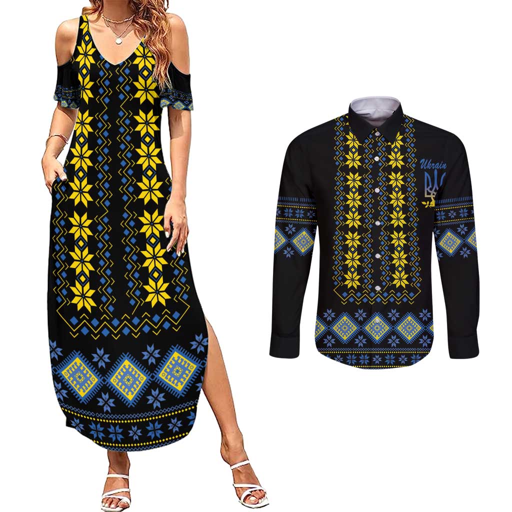 Yellow Ukraine Folk Patterns Couples Matching Summer Maxi Dress and Long Sleeve Button Shirt