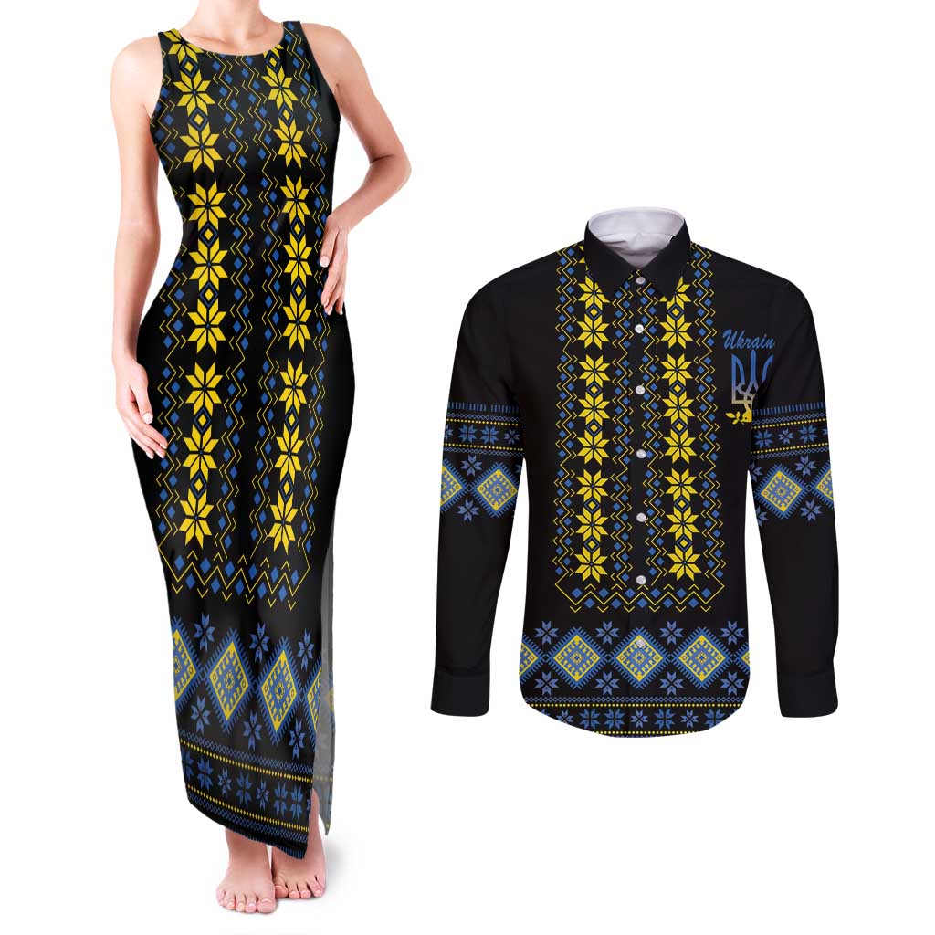 Yellow Ukraine Folk Patterns Couples Matching Tank Maxi Dress and Long Sleeve Button Shirt