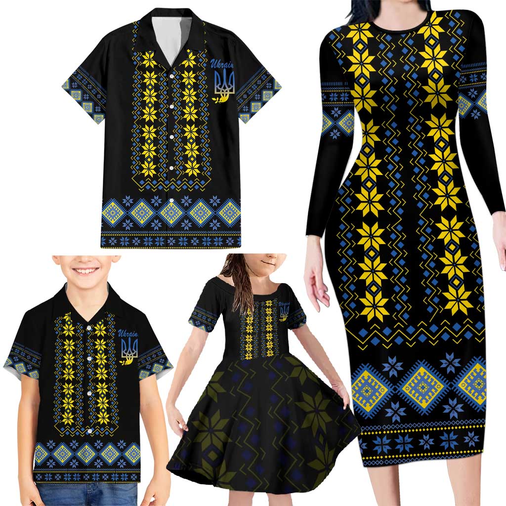 Yellow Ukraine Folk Patterns Family Matching Long Sleeve Bodycon Dress and Hawaiian Shirt - Wonder Print Shop