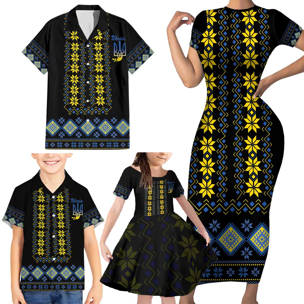 Yellow Ukraine Folk Patterns Family Matching Short Sleeve Bodycon Dress and Hawaiian Shirt - Wonder Print Shop