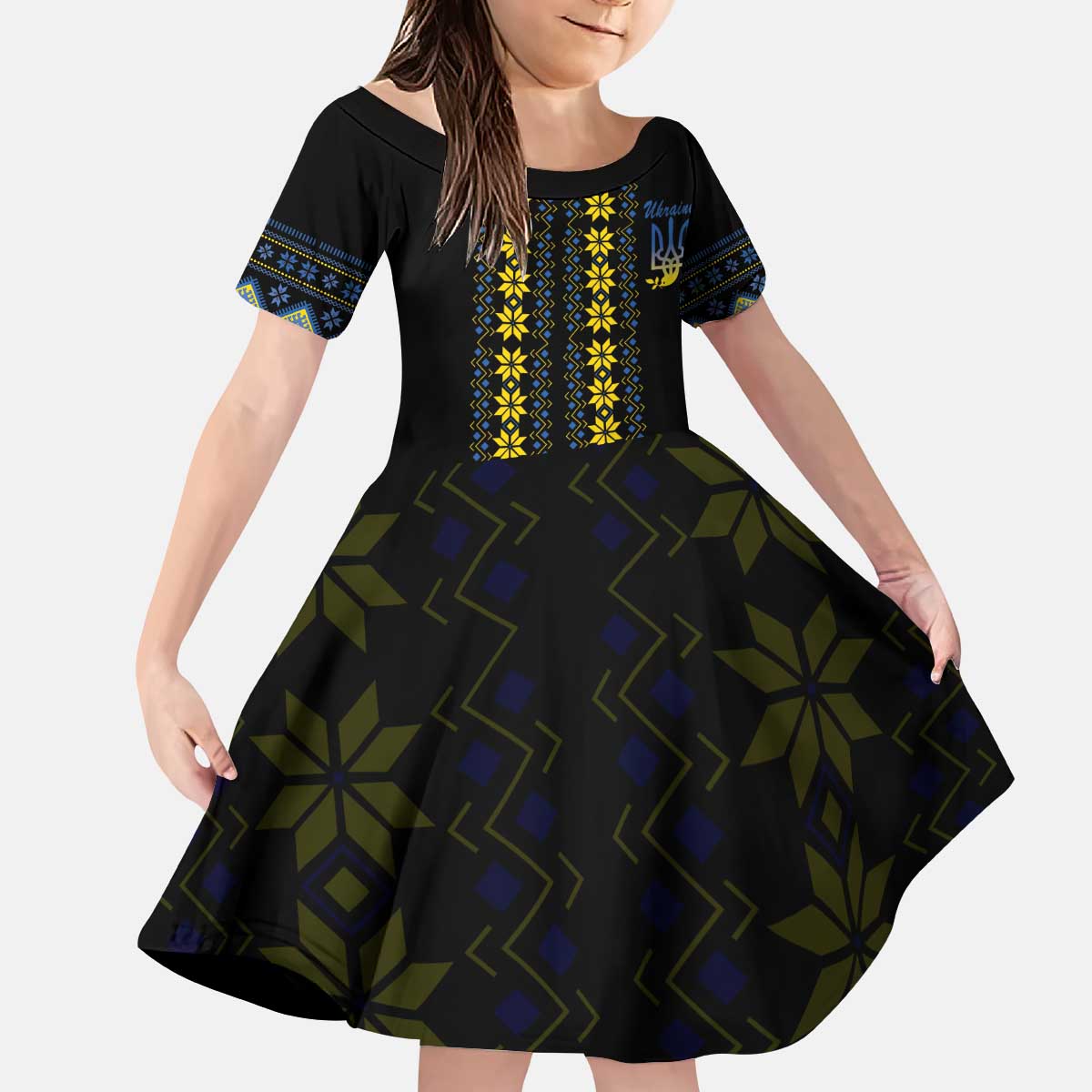 Yellow Ukraine Folk Patterns Kid Short Sleeve Dress - Wonder Print Shop