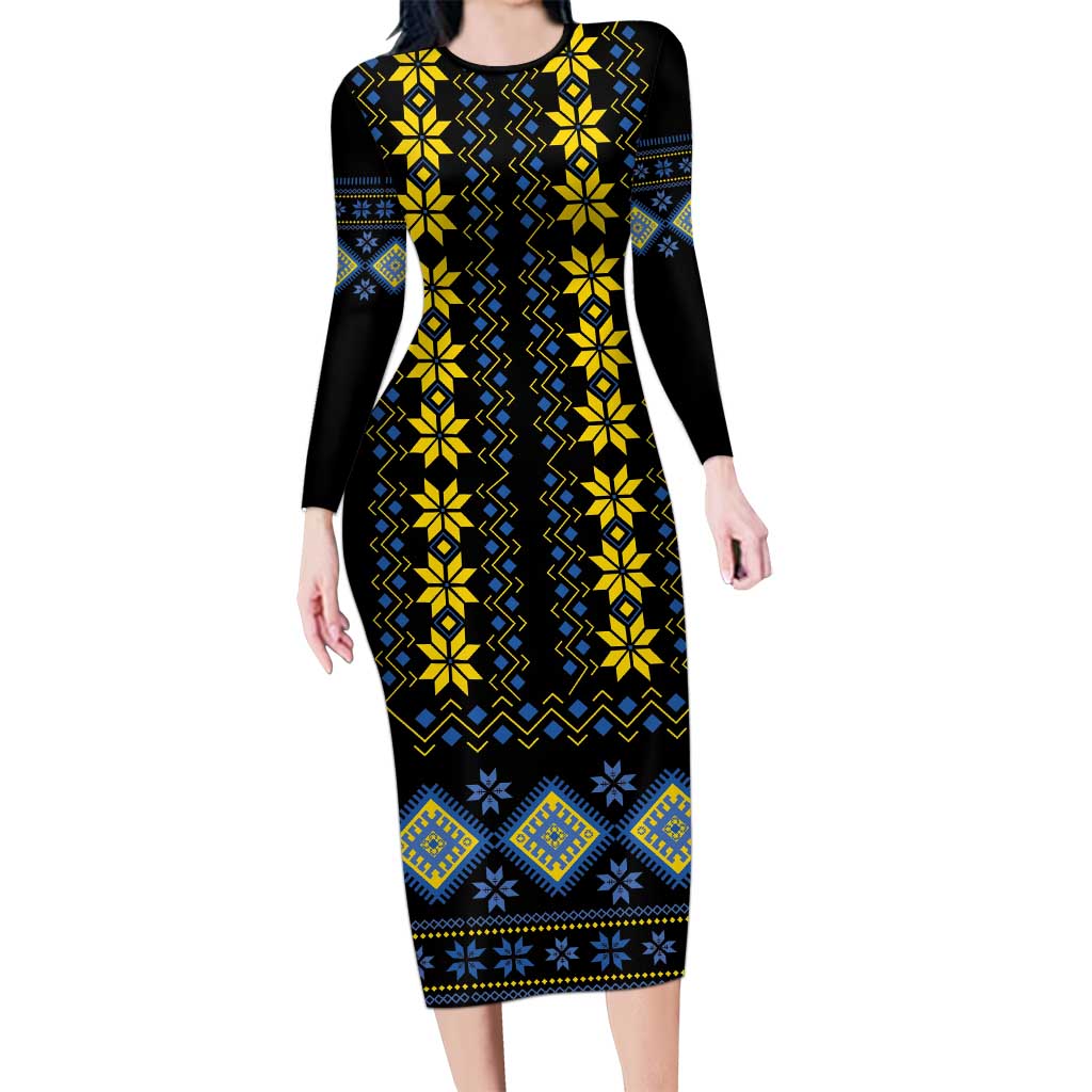 Yellow Ukraine Folk Patterns Long Sleeve Bodycon Dress - Wonder Print Shop