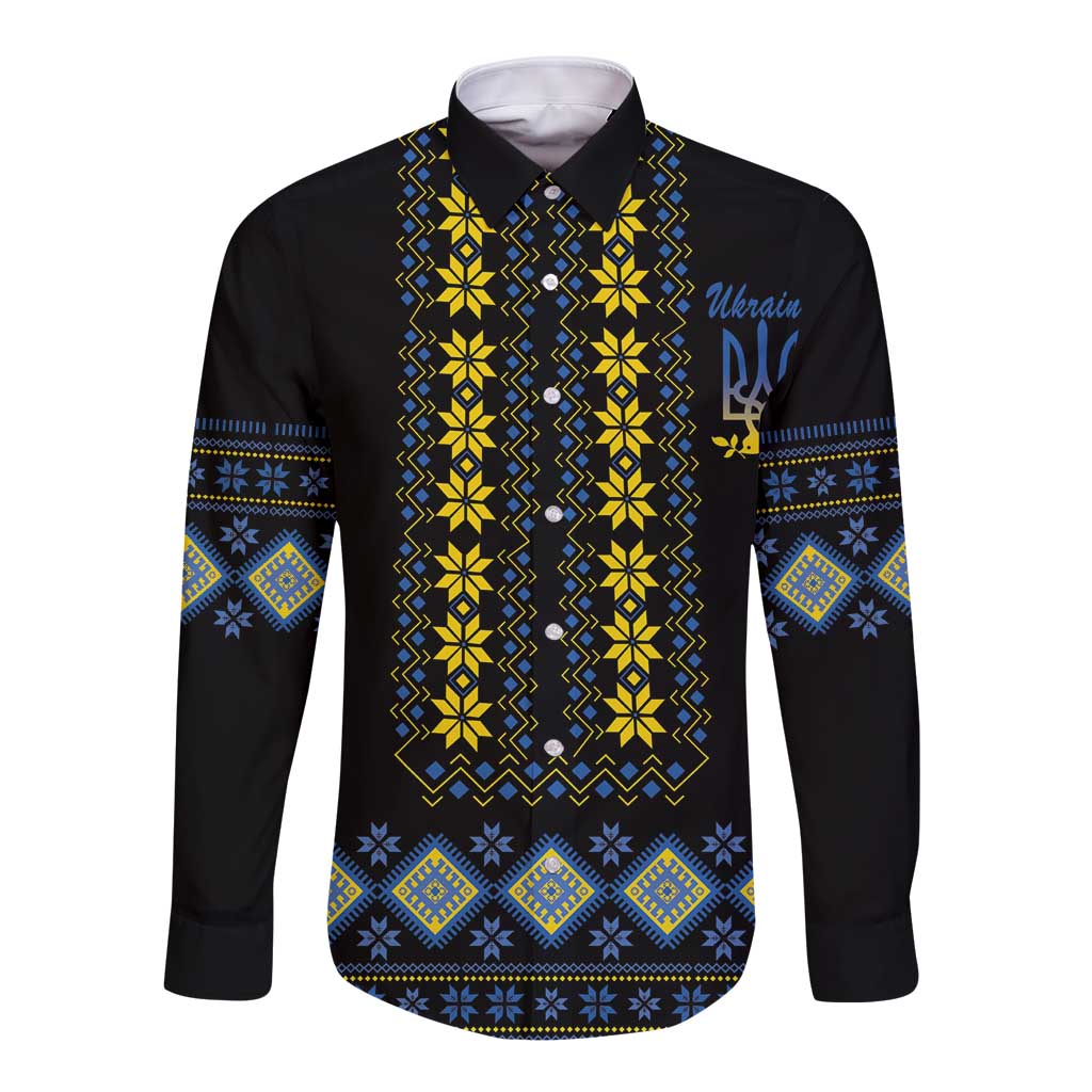 Black long-sleeve button shirt with yellow and blue folk geometric front