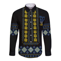 Black long-sleeve button shirt with yellow and blue folk geometric front