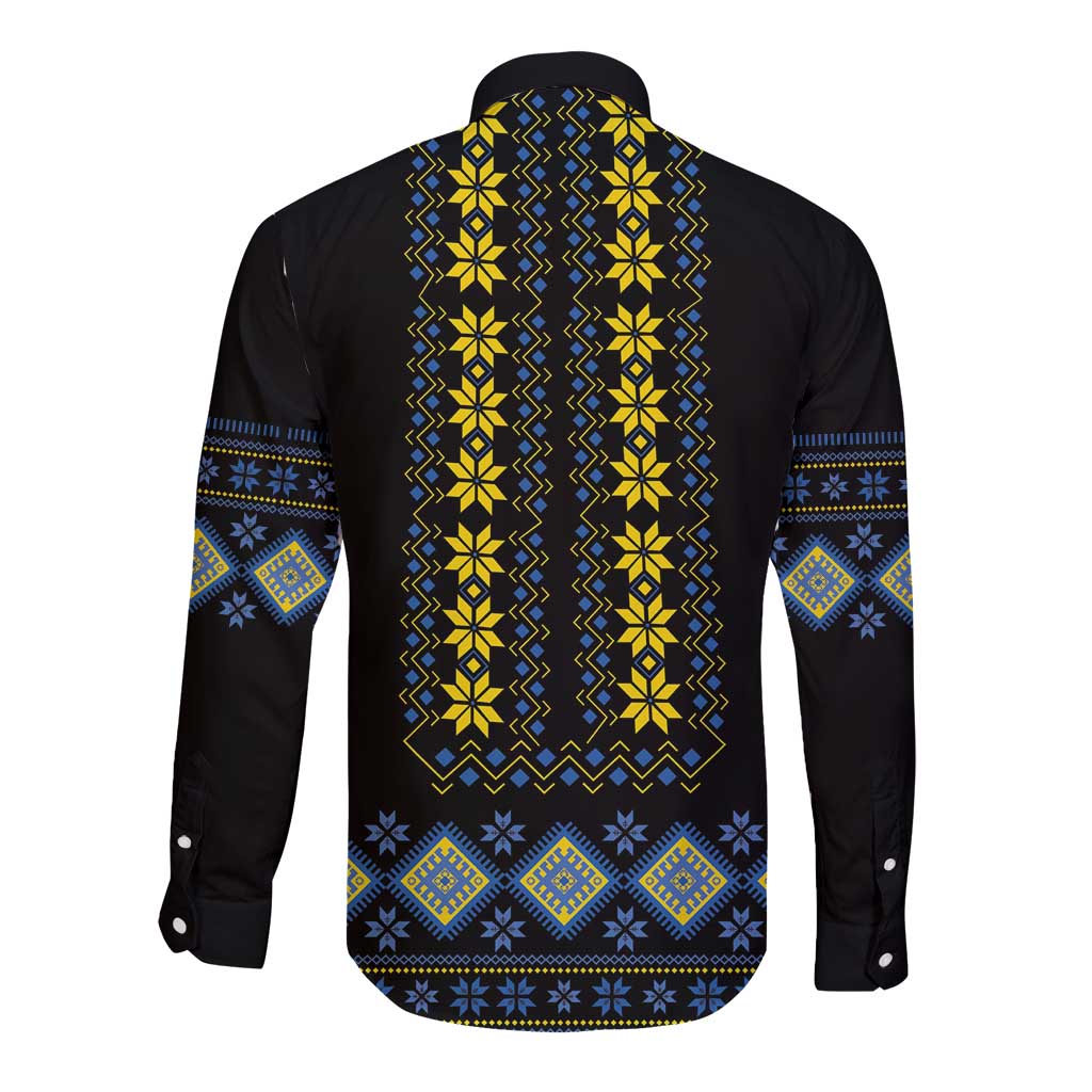Black long-sleeve button shirt with yellow and blue folk geometric back
