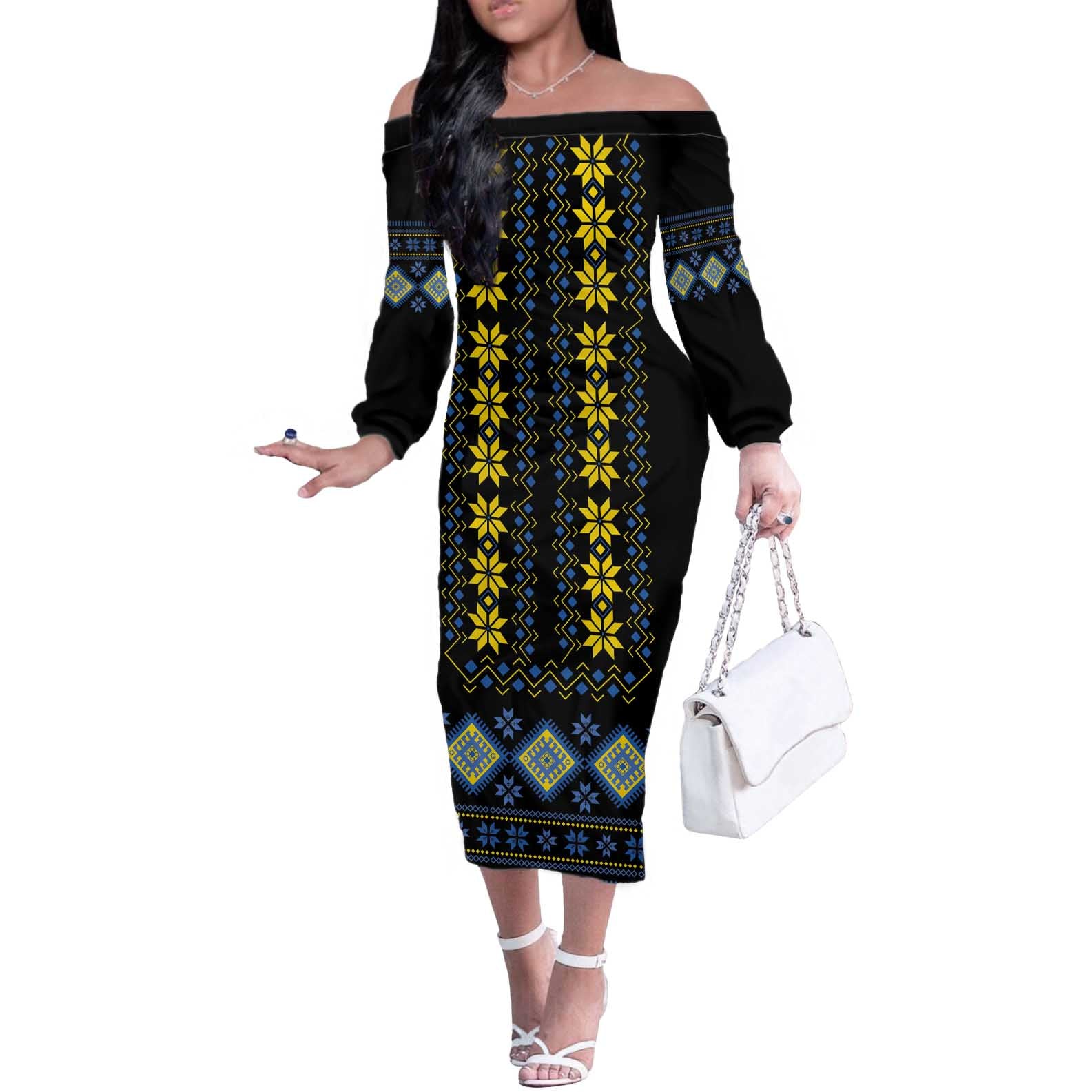 Yellow Ukraine Folk Patterns Off The Shoulder Long Sleeve Dress - Wonder Print Shop