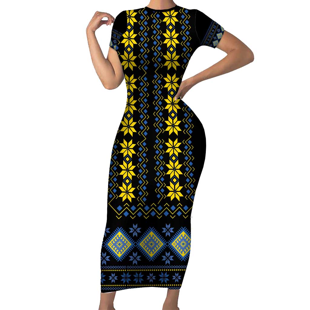 Yellow Ukraine Folk Patterns Short Sleeve Bodycon Dress - Wonder Print Shop