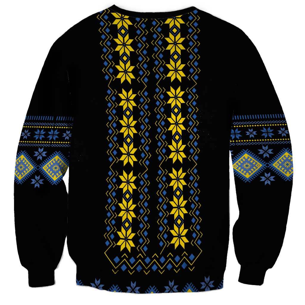 Unisex crewneck sweatshirt, black with tall yellow-and-blue folk panel
