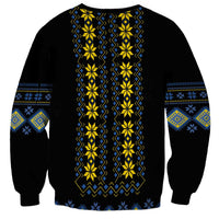 Unisex crewneck sweatshirt, black with tall yellow-and-blue folk panel