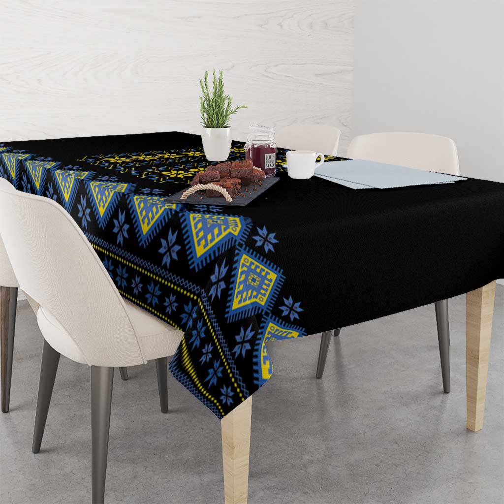 Rectangular tablecloth with black base and blue-yellow Ukrainian-style folk pattern