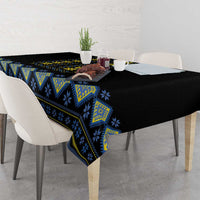 Rectangular tablecloth with black base and blue-yellow Ukrainian-style folk pattern